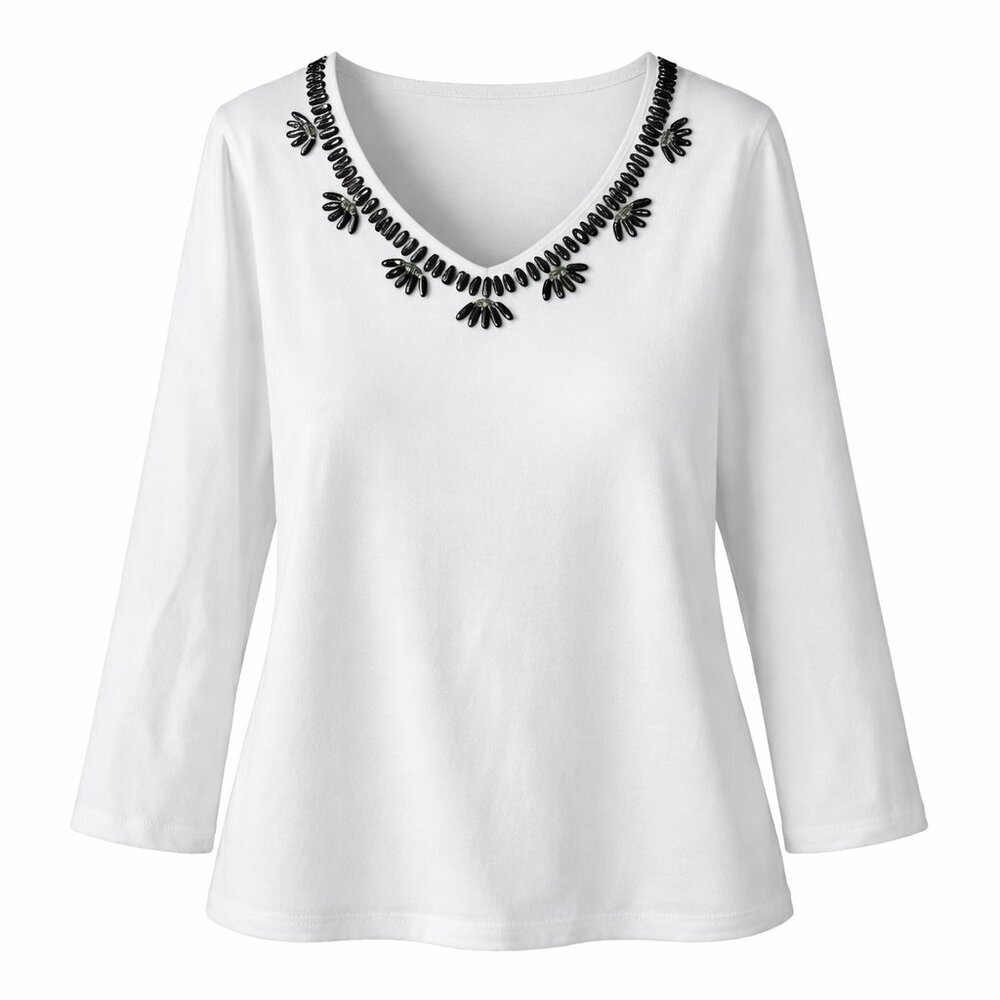 NWT RUBY RD. Alabaster Beaded V-Neck Top Size L